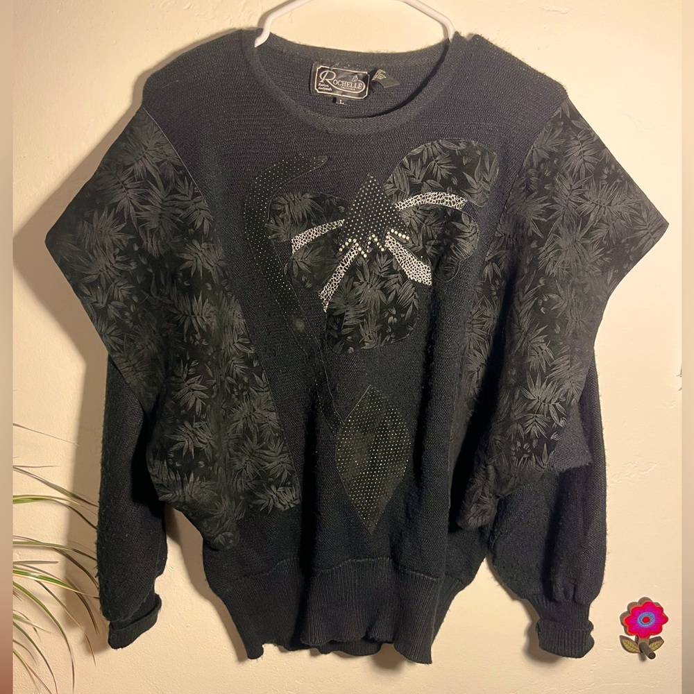 Vintage 80s Rochelle Black Knit Sweater with Leather Flaps